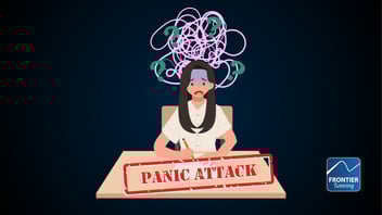 A graphic of a girl sitting at a desk. Her face is flushed and question marks are swirling around her head. The background is a circular gradient where the outer edges are black and the middle is a pale blue -- giving the impression that she is falling into a void. The words 