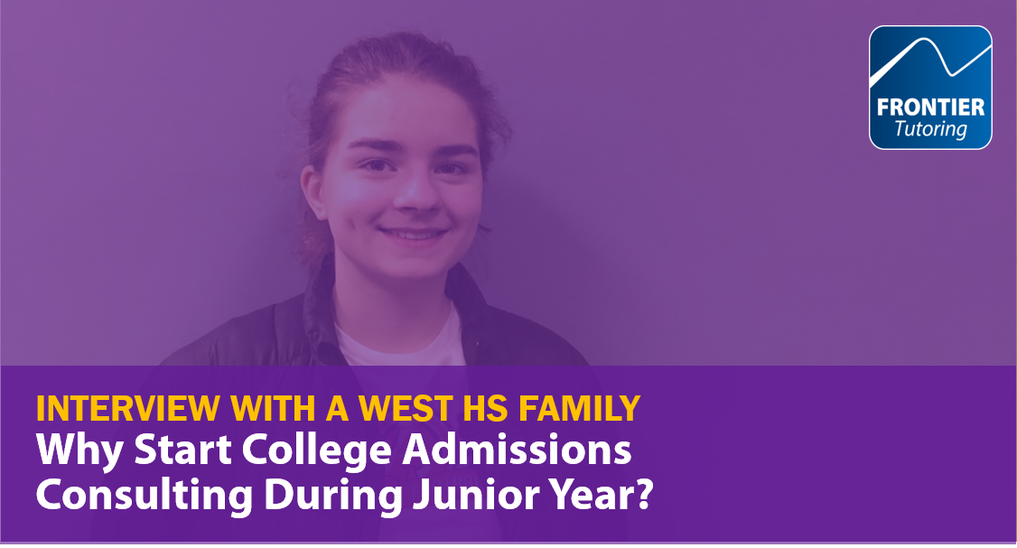 A photo of a Frontier Tutoring Junior who completed an interview on their experience doing college admissions counseling. The title of the article is overlayed
