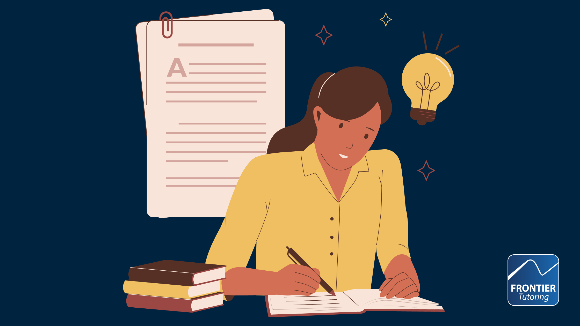 A Woman works at a desk. She is clearly writing a paper. Above hear is a lightbulb and behind her we can see an essay (seemingly the essay she is working on). The graphic is on a dark blue background and the Frontier Tutoring logo is visible in the bottom right hand corner.