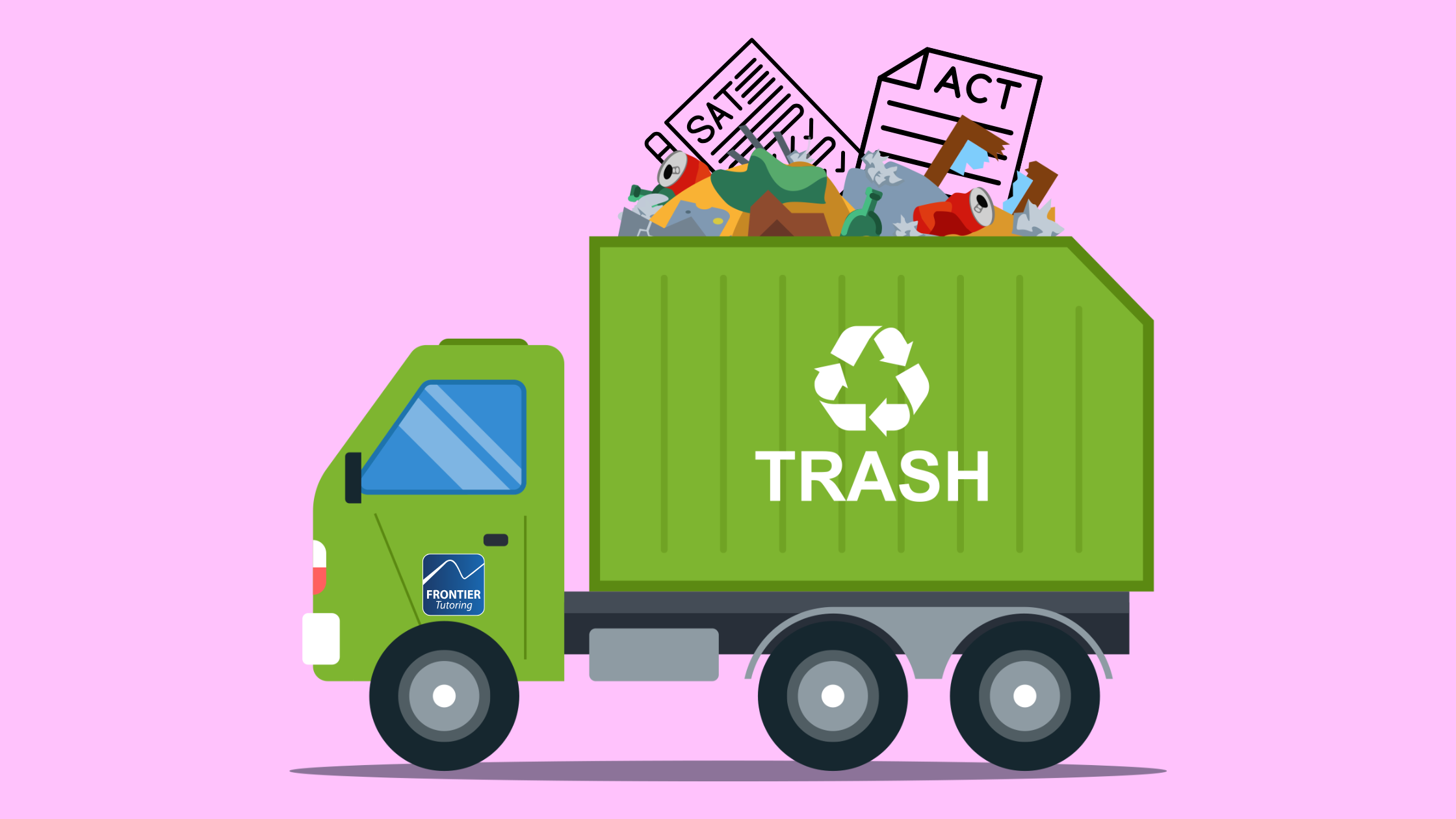 A graphic of a full garbage truck. Sticking out of the garbage at the top is an SAT exam and an ACT exam. On the door of the truck is the Frontier Tutoring Logo.