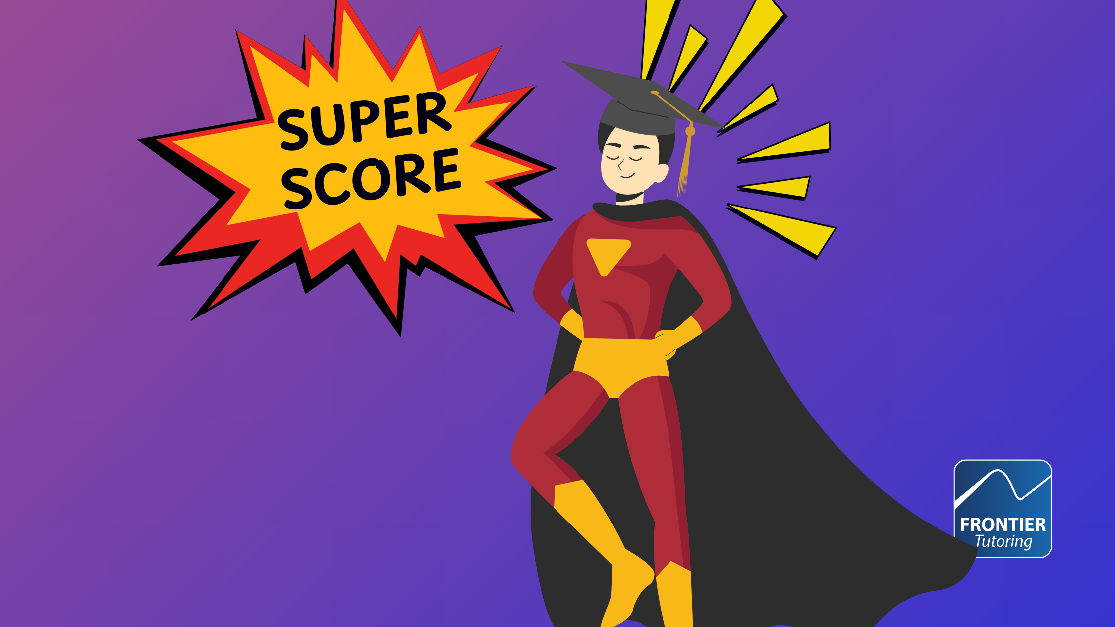 A graphic of a superhero wearing a graduation cap. He has on a cape and there are comic book style icons around him. In a large spikey text box are the words